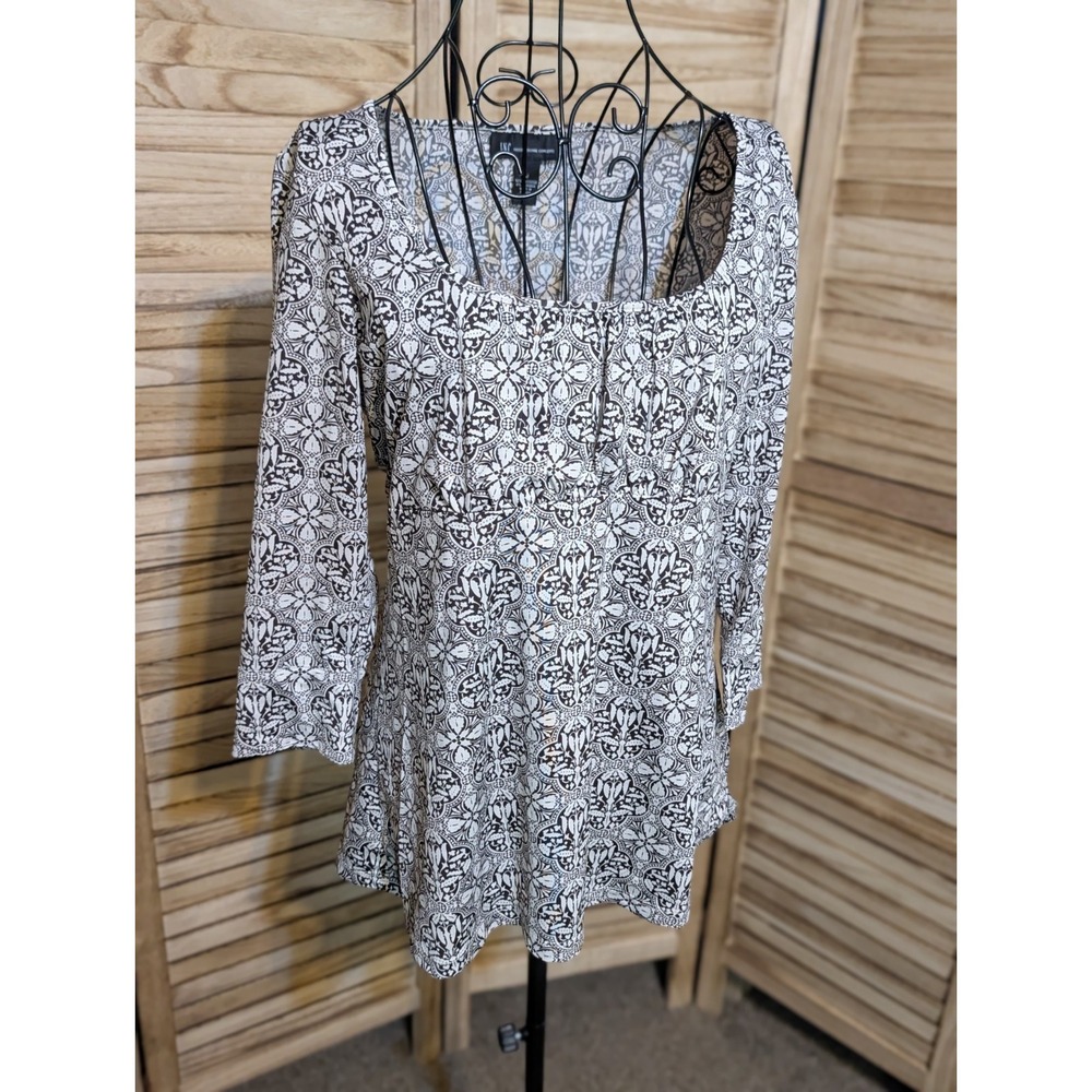 International Concepts Blouse Womens Size Medium Black White  Long Sleeve